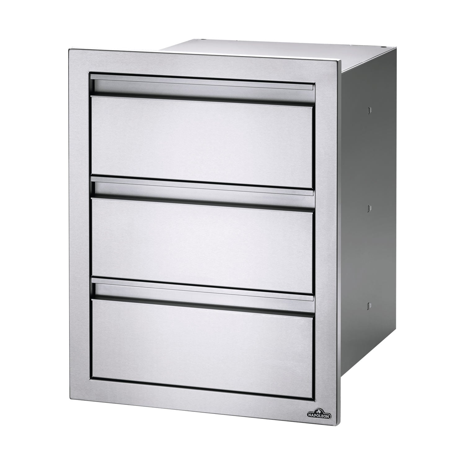 Triple drawer housing with three large open drawers, light gray metal frame