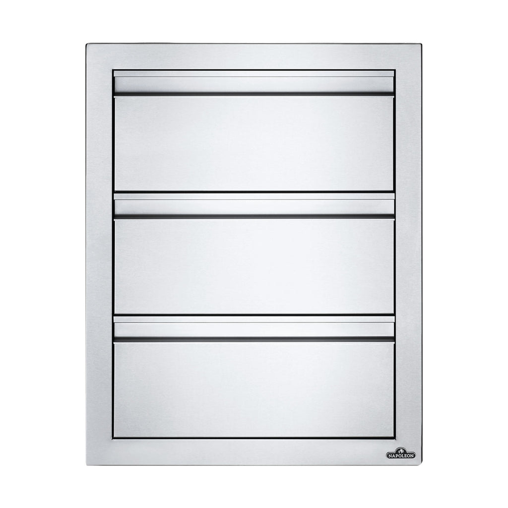 Triple drawer housing with three drawer fronts and black trim, light gray metal