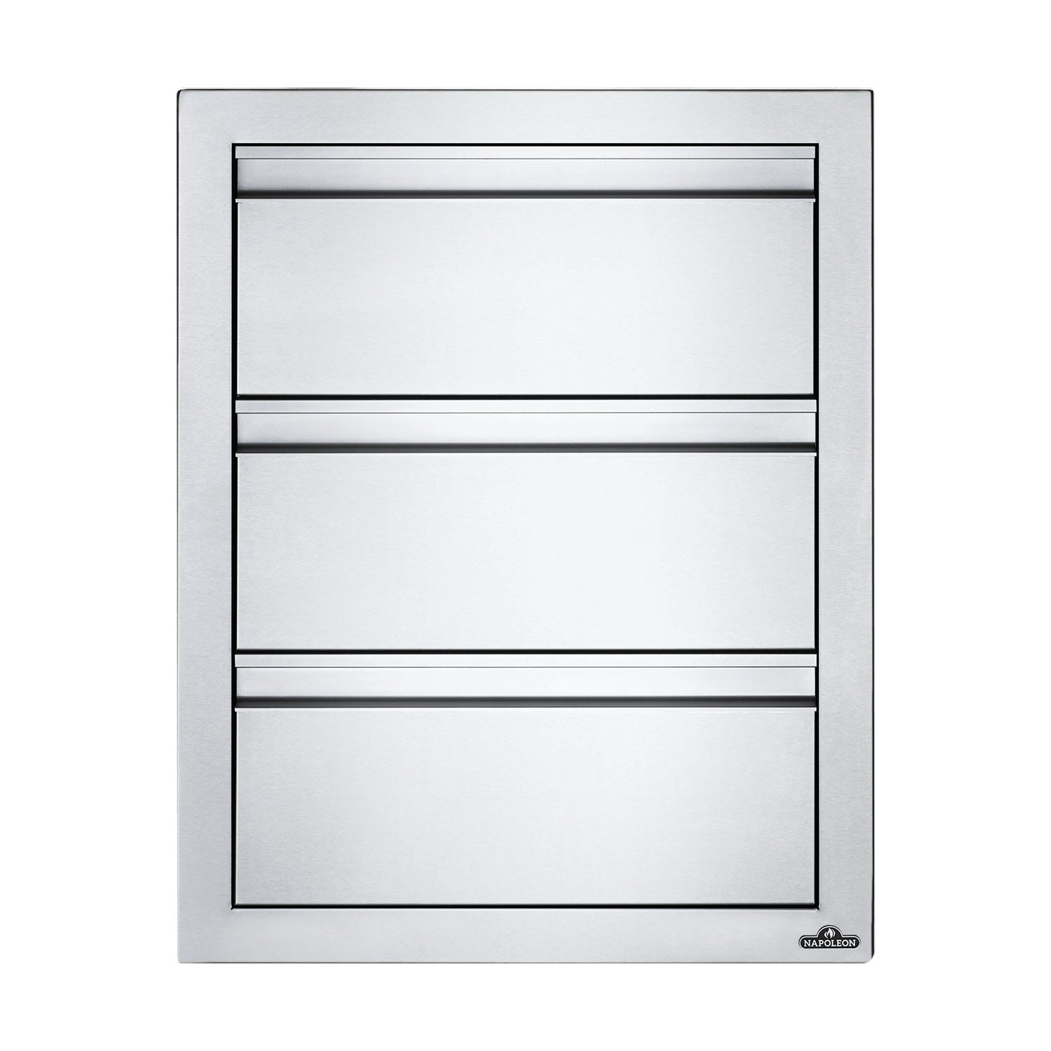 Triple drawer housing with three drawer fronts and black trim, light gray metal