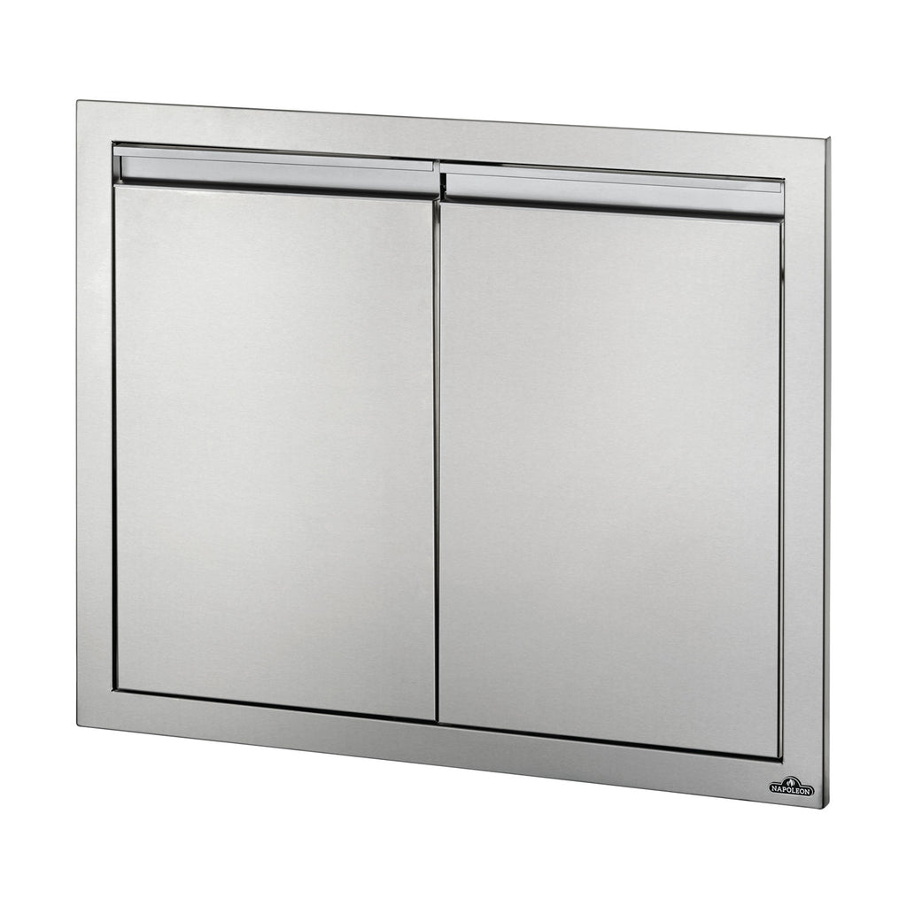 Double access doors with brushed metal frame and two hinged panels, 30x24 in