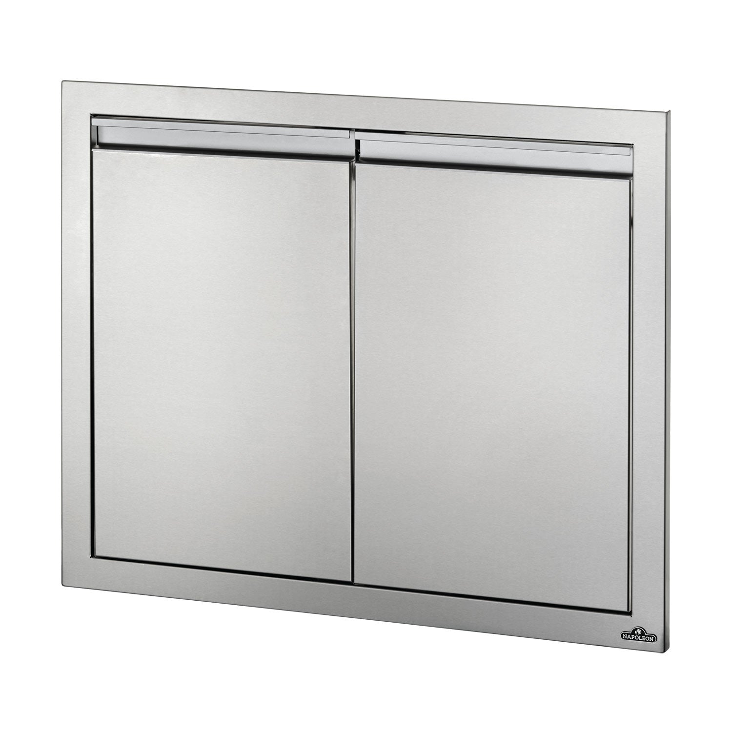 Double access doors with brushed metal frame and two hinged panels, 30x24 in