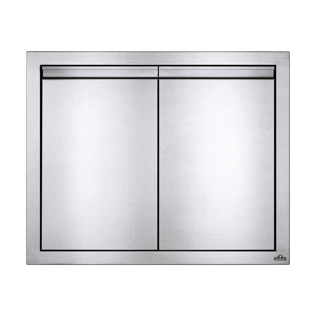 Double access doors with brushed metal frame and two flat panels, 30x24 in