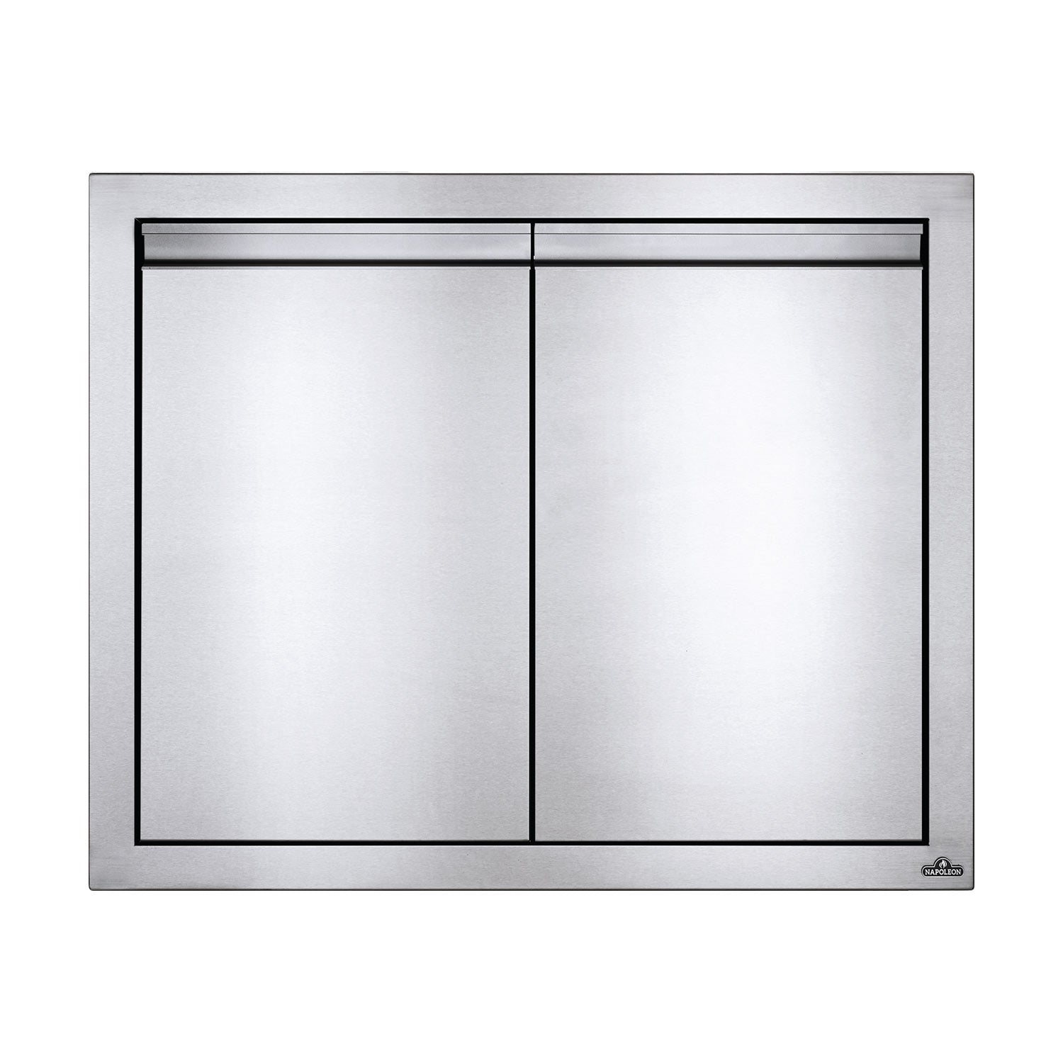 Double access doors with brushed metal frame and two flat panels, 30x24 in
