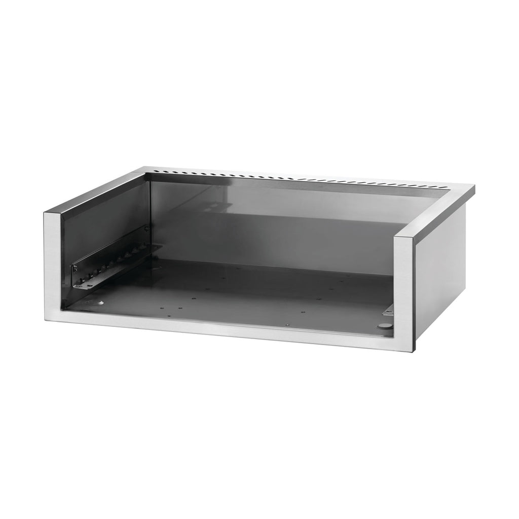 Stainless steel grill firebox liner with raised rear lip and side supports