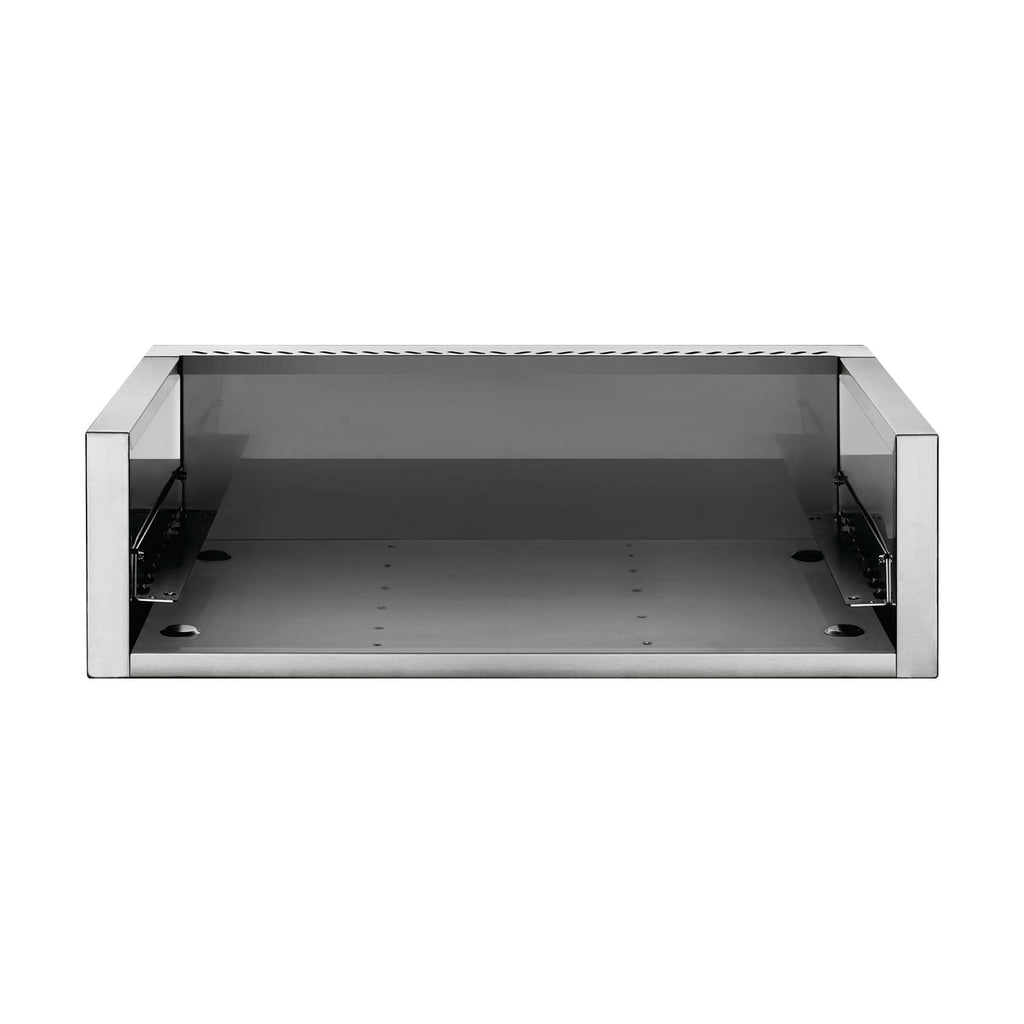 Stainless steel zero clearance grill liner tray with side brackets and rear vented panel
