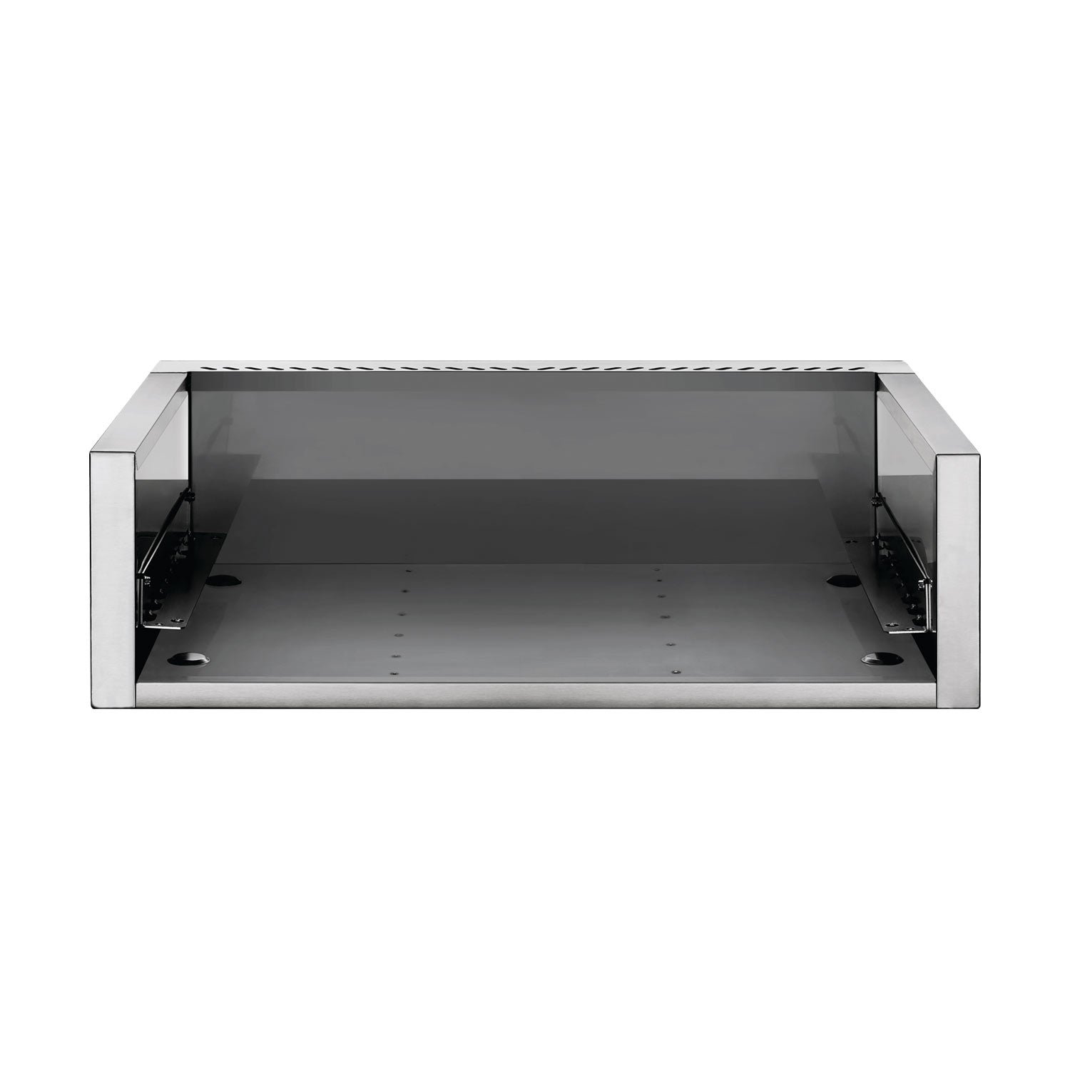 Stainless steel zero clearance grill liner tray with side brackets and rear vented panel