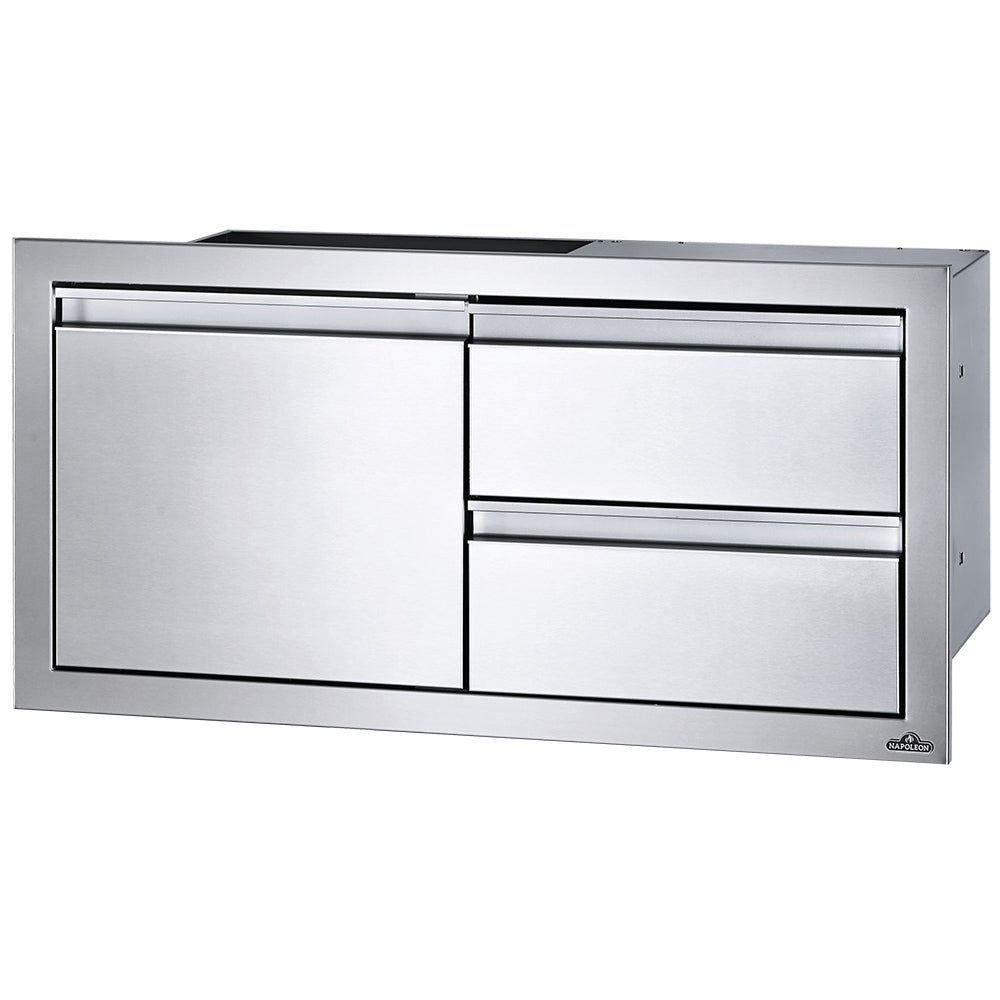 Stainless steel base cabinet, side view showing one door and two drawer fronts.
