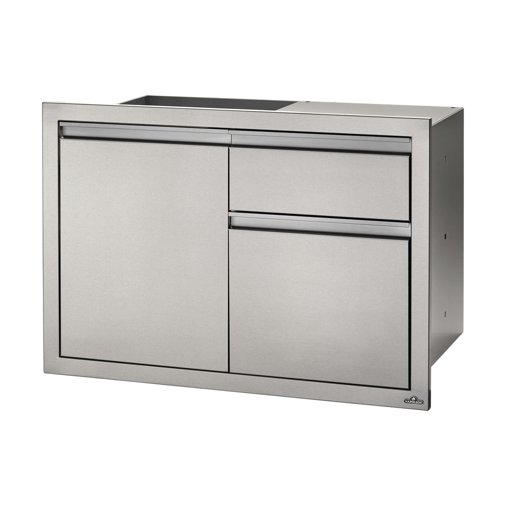 Metal storage cabinet with single door and drawer, rectangular design, gray finish