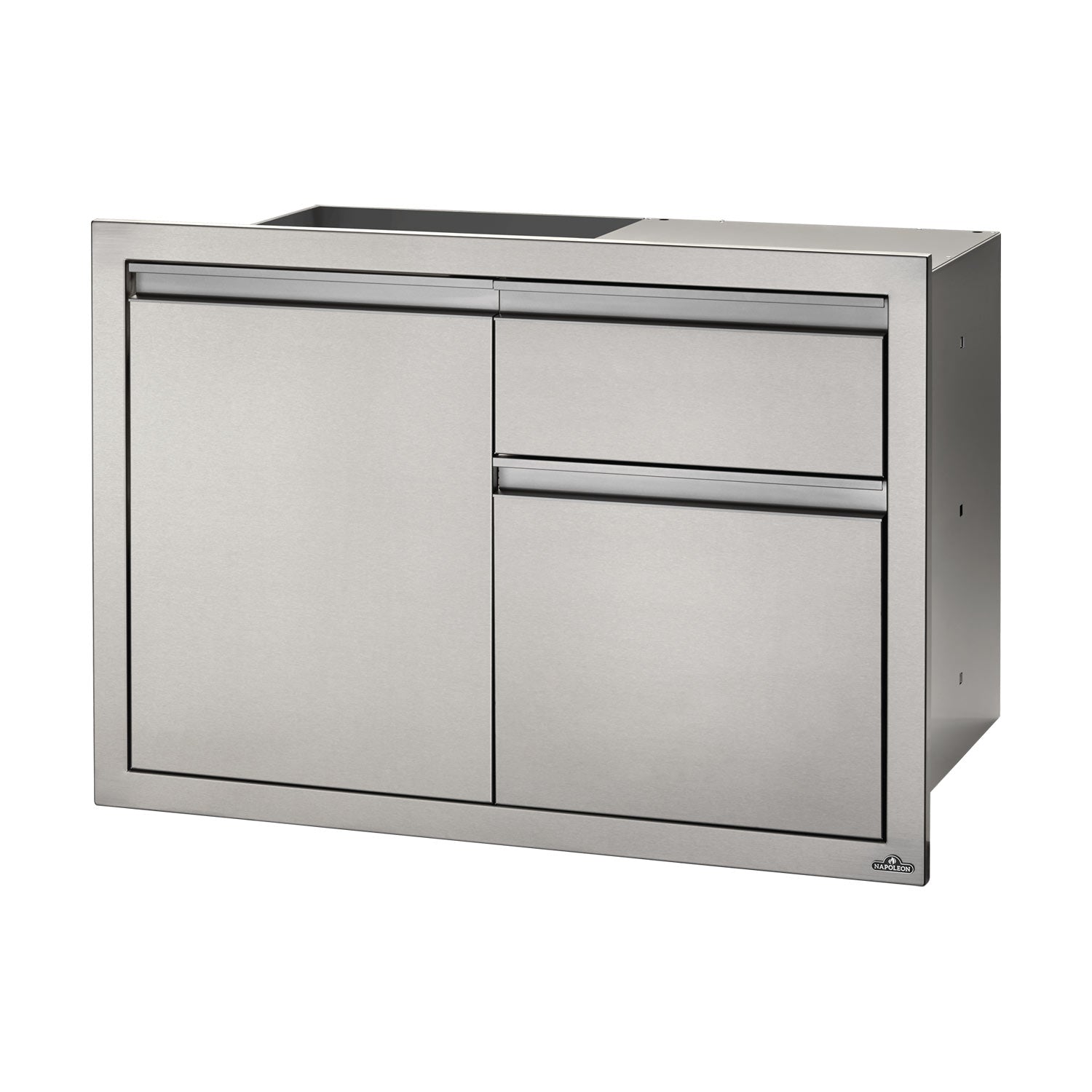 Metal storage cabinet with single door and drawer, rectangular design, gray finish