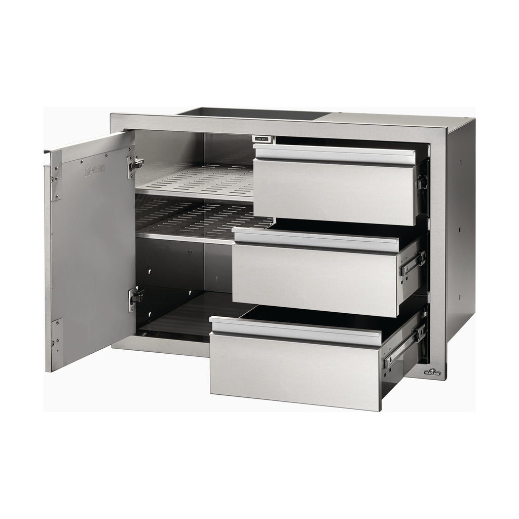 Open metal storage cabinet with left door, three drawers, and interior shelves.