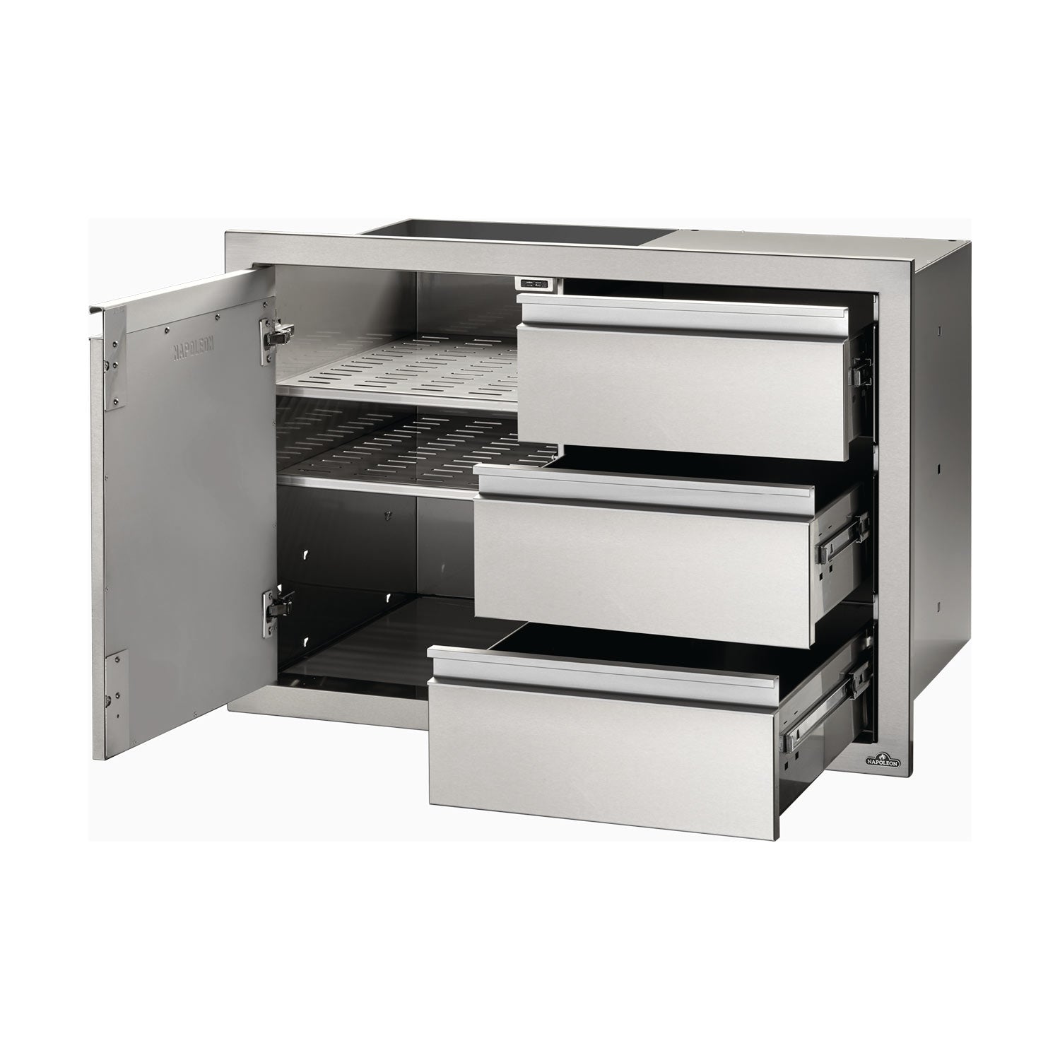 Open metal storage cabinet with left door, three drawers, and interior shelves.