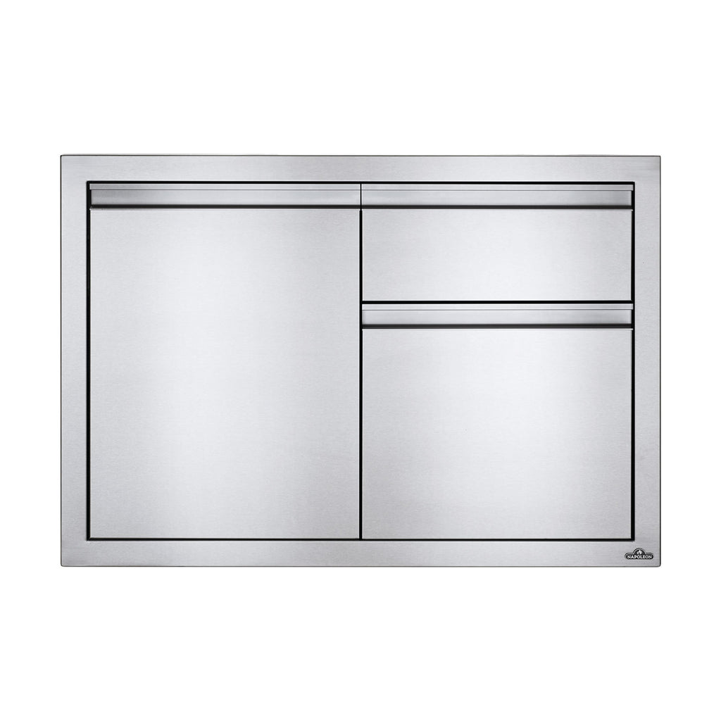Stainless steel trash cabinet front with single door and two drawer bins, 36x24