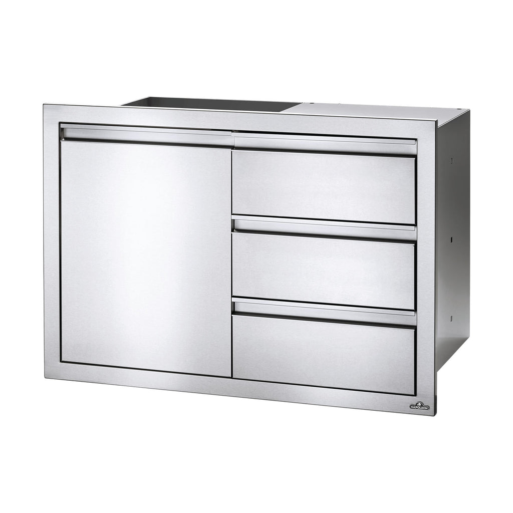 Stainless-finish storage cabinet with left door and three drawers, flat front.