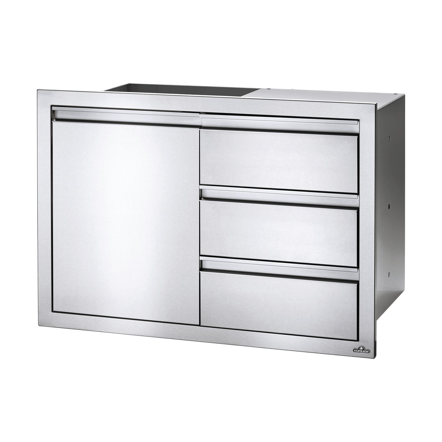 Stainless-finish storage cabinet with left door and three drawers, flat front.