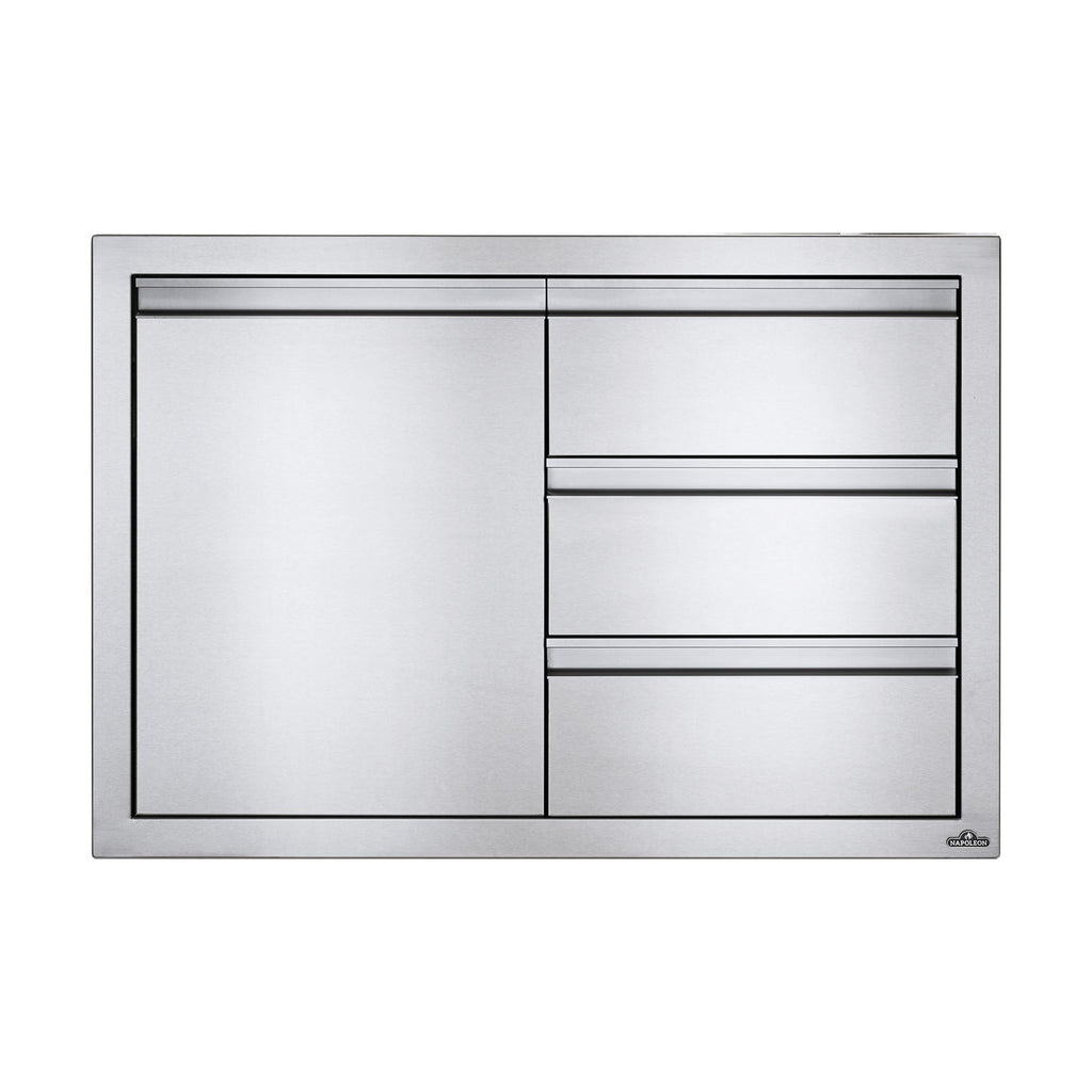Metal storage cabinet with left door and three drawers, smooth drawer fronts.