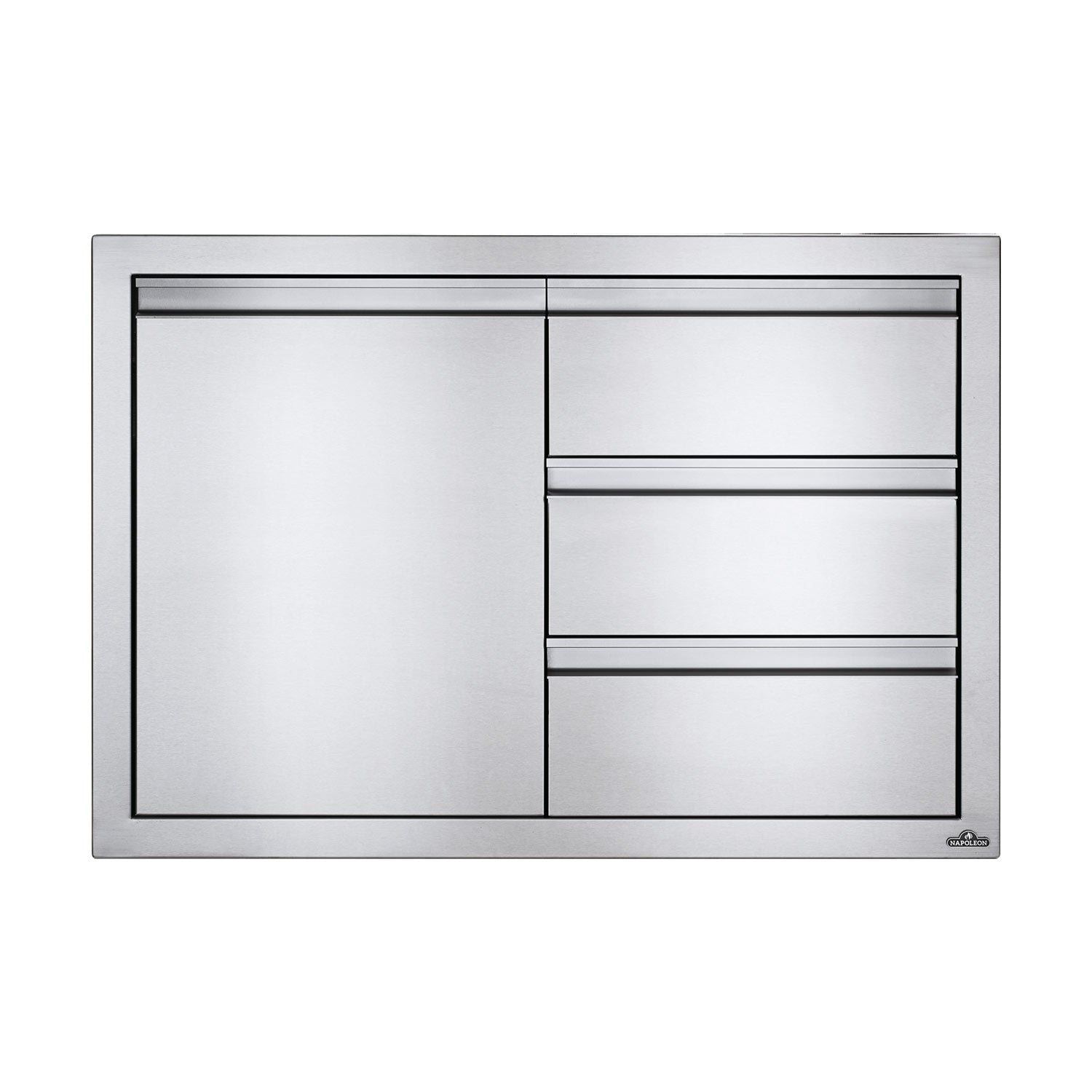 Metal storage cabinet with left door and three drawers, smooth drawer fronts.