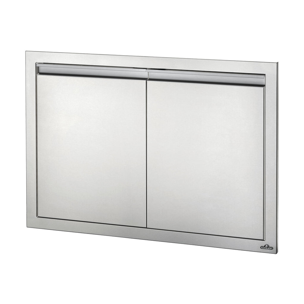 Double access doors with brushed metal frame and two hinged panels