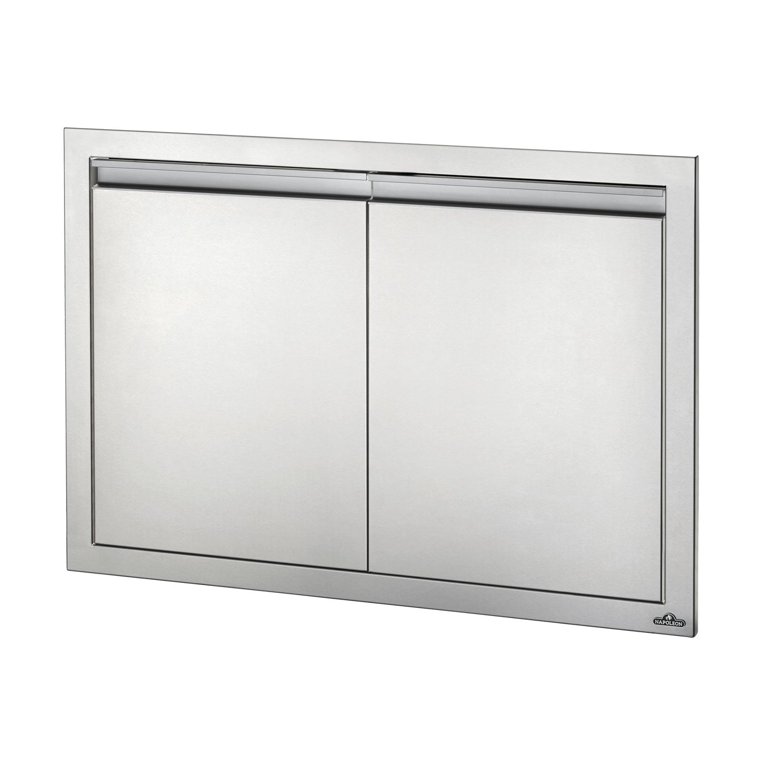 Double access doors with brushed metal frame and two hinged panels