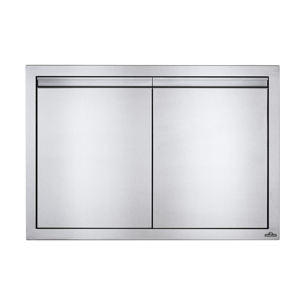 Double access doors, two flat panels in brushed metal frame