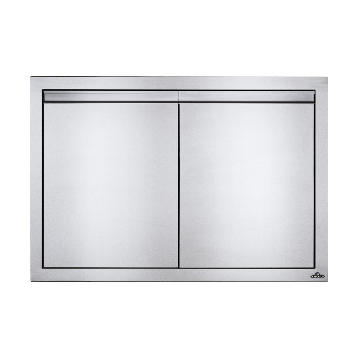 Double access doors, two flat panels in brushed metal frame