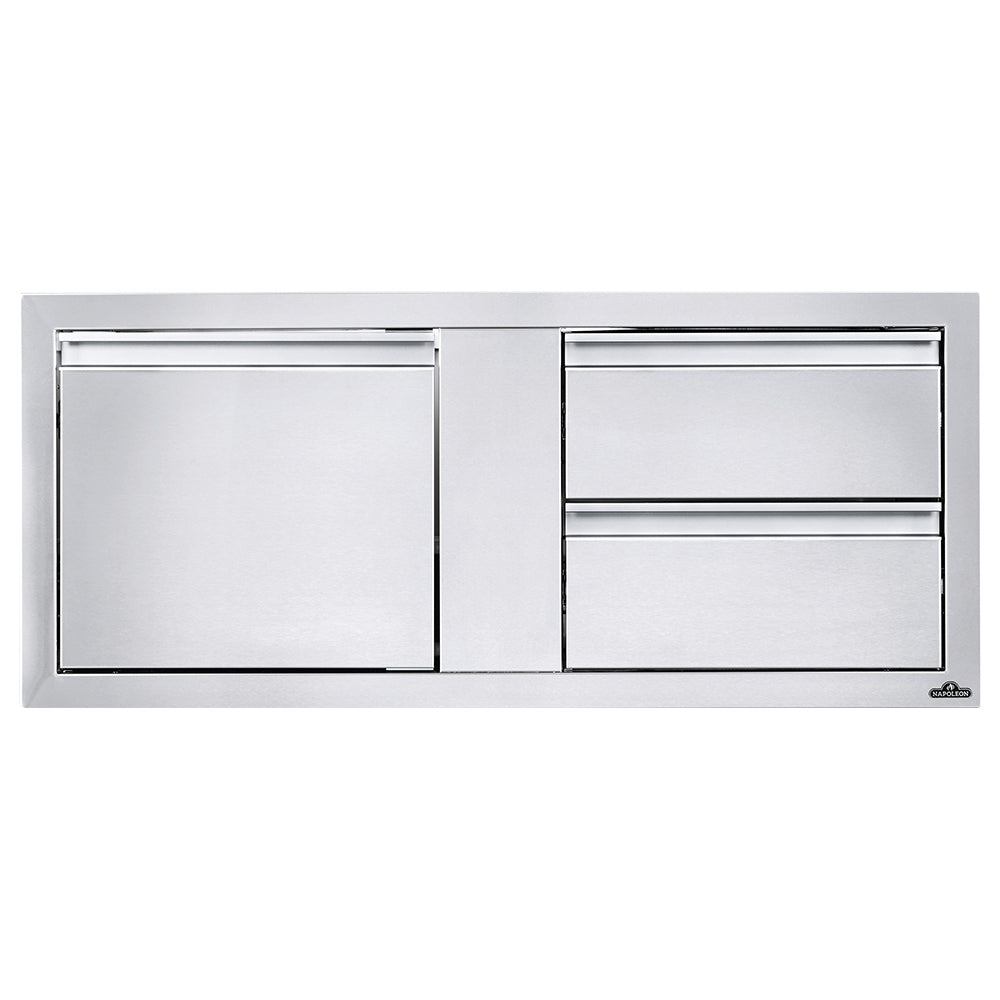 Stainless steel kitchen cabinet with single door and two drawers, flat front