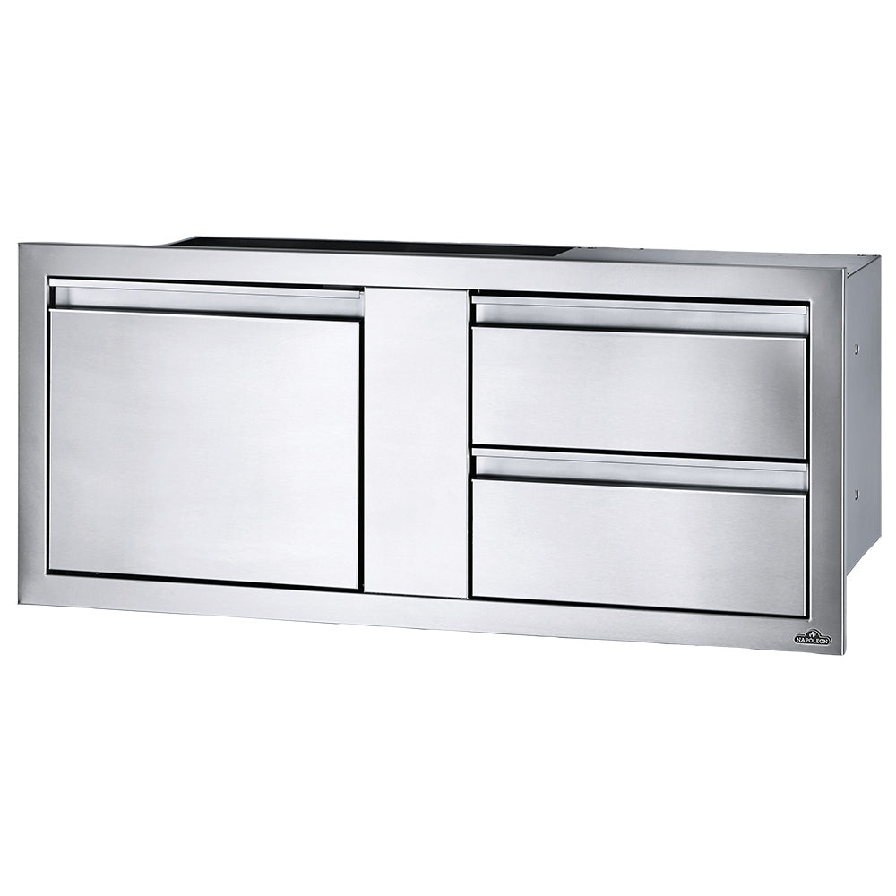 Stainless steel cabinet with left door and double drawer stack, rectangular handles