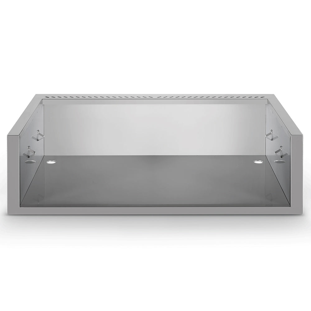 Stainless steel zero-clearance liner, rectangular built-in housing with side brackets.