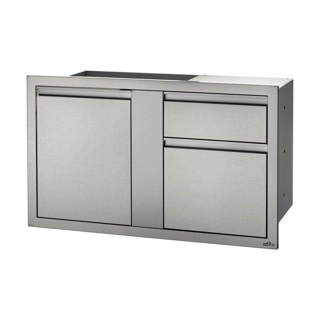Metal cabinet with door and drawer, light gray panels, silver trim, recessed handle