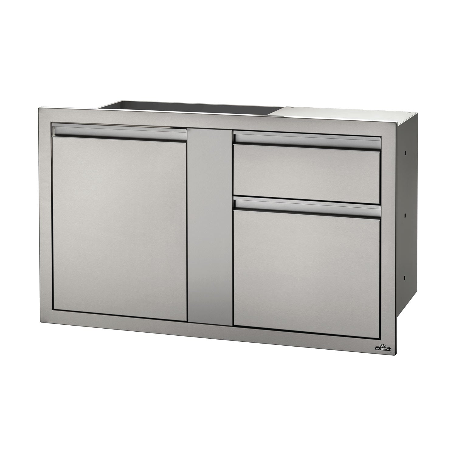 Metal cabinet with door and drawer, light gray panels, silver trim, recessed handle