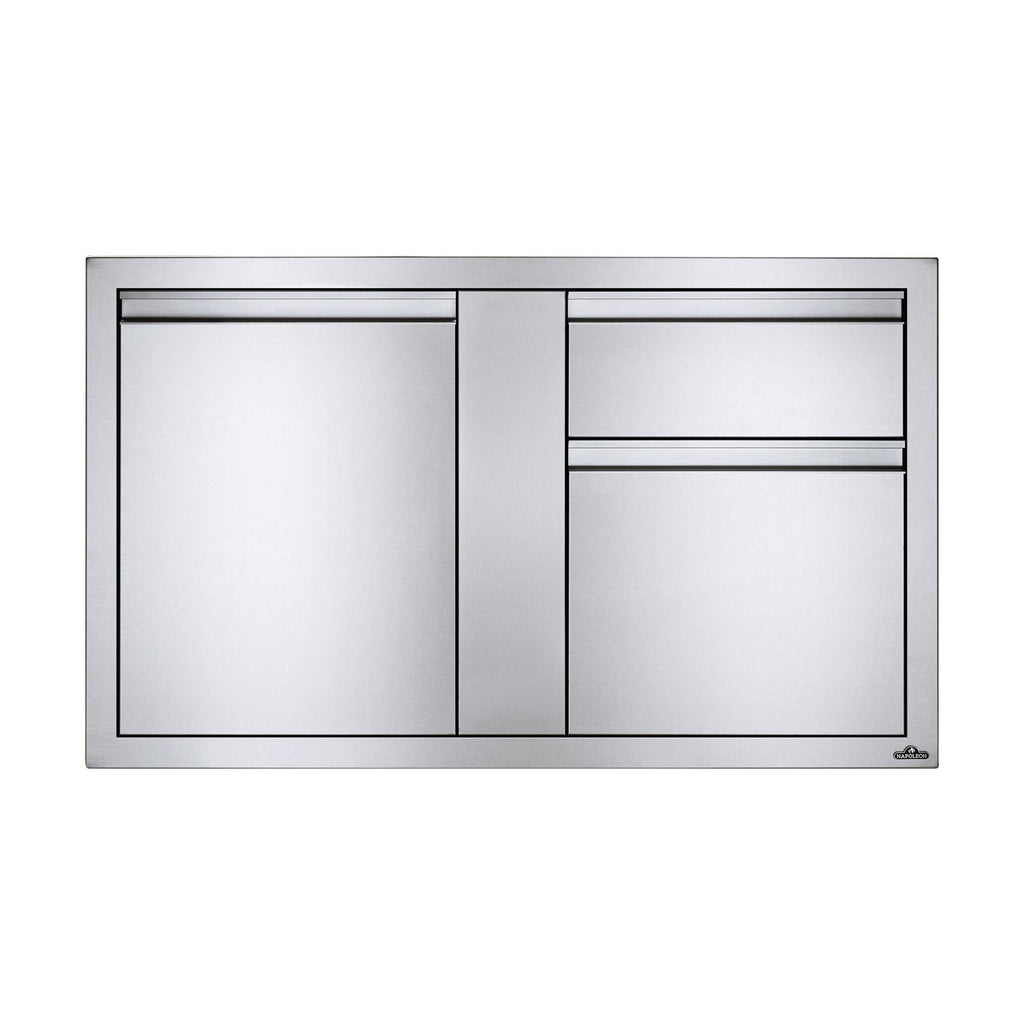 Metal cabinet with single door and drawer, light gray panels, silver trim, minimal hardware