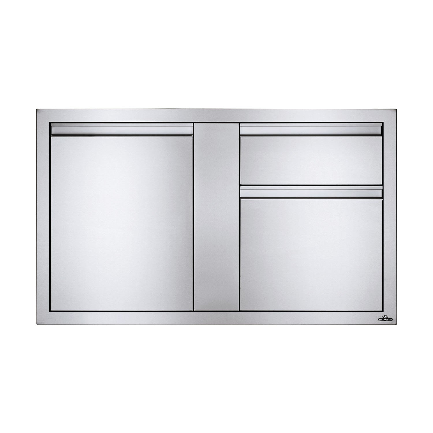 Metal cabinet with single door and drawer, light gray panels, silver trim, minimal hardware
