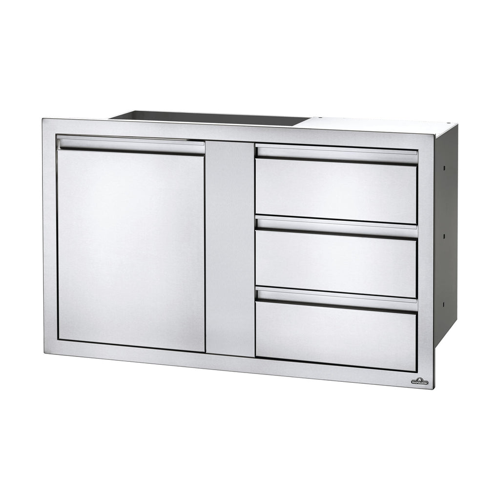 Silver metal cabinet with single door and three stacked drawers, wide top opening