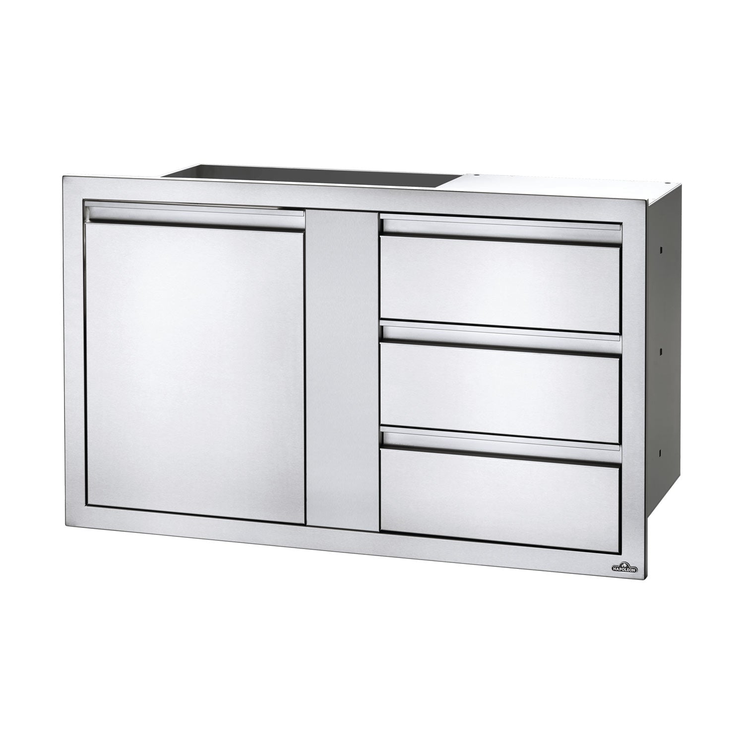Silver metal cabinet with single door and three stacked drawers, wide top opening