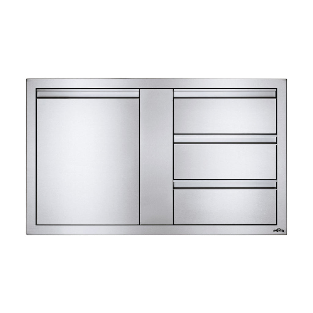 Silver metal cabinet front with single door panel and three horizontal drawers
