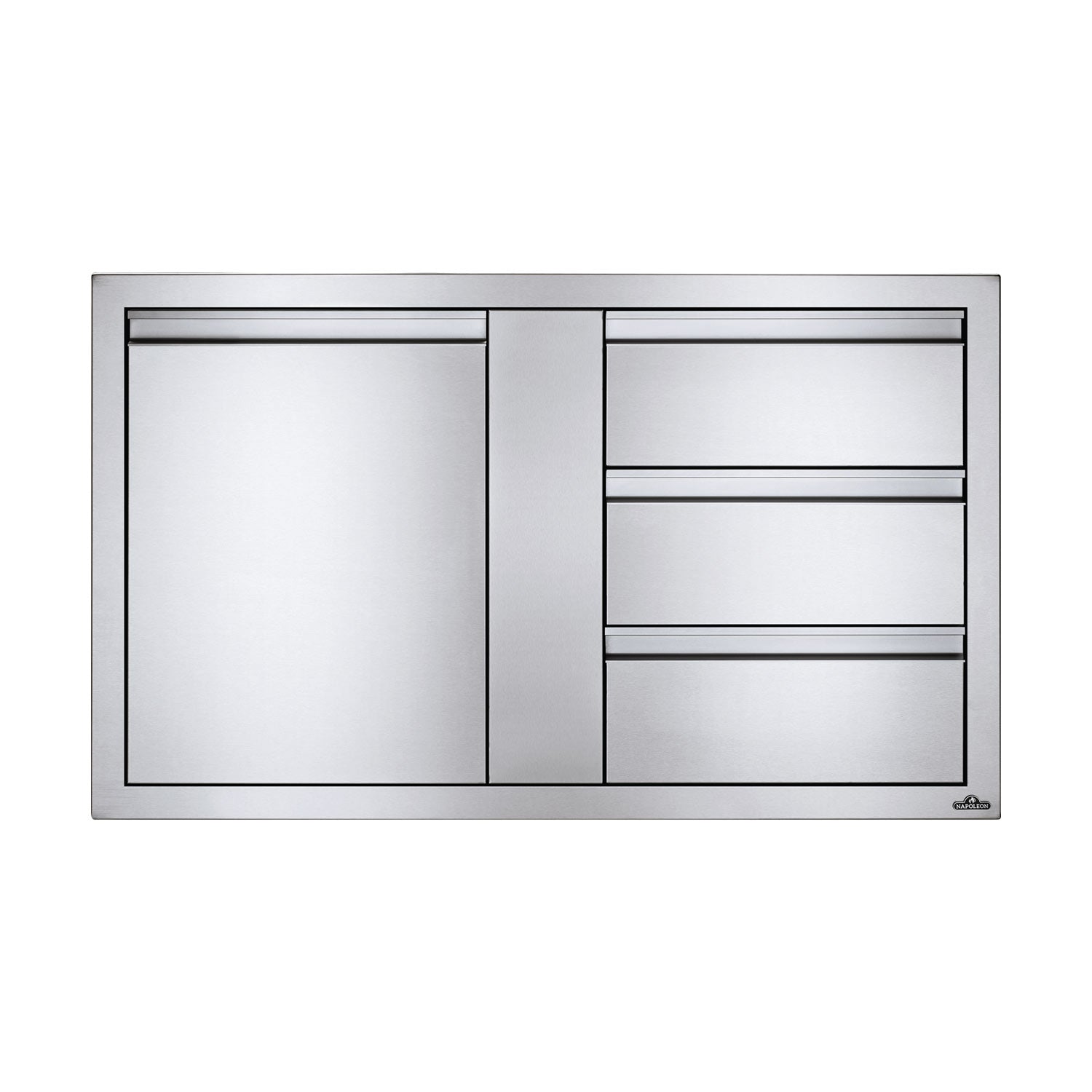 Silver metal cabinet front with single door panel and three horizontal drawers