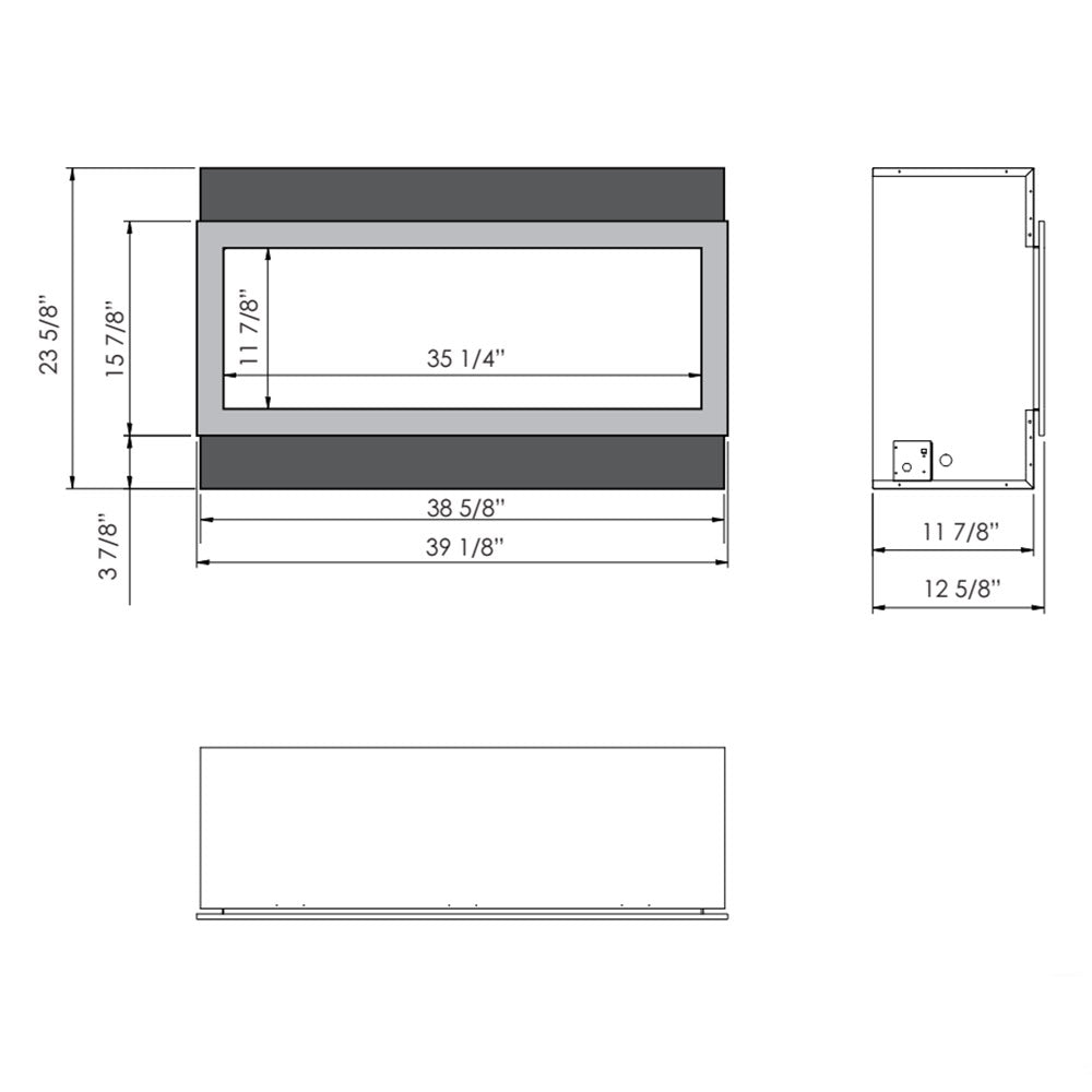 Electric fireplace dimension diagram with side and front measurement outlines.