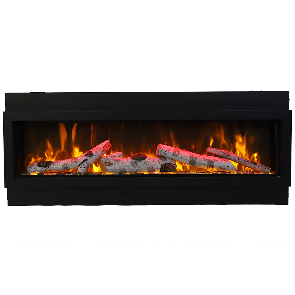 Black built-in electric fireplace with glowing flames and log set inside the glass frame.