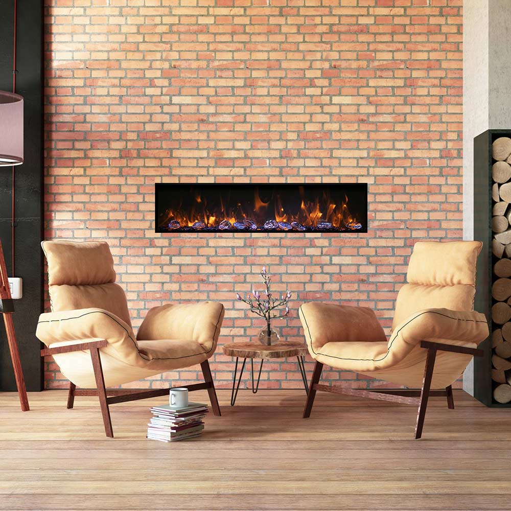 Wall-mounted electric fireplace insert with glowing flames behind the black glass screen.