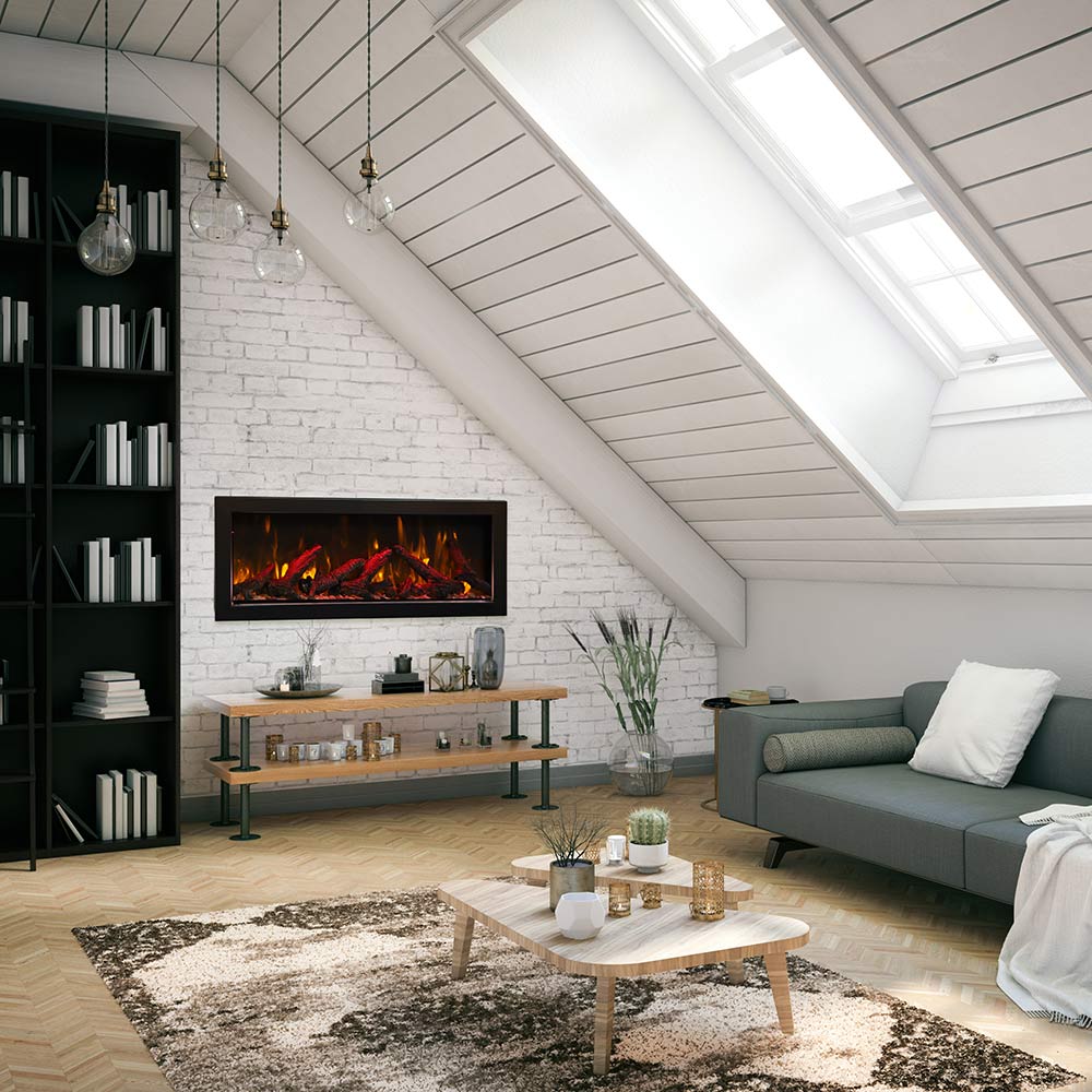 Built-in electric fireplace with flame visuals and log bed inside a black-framed glass front.