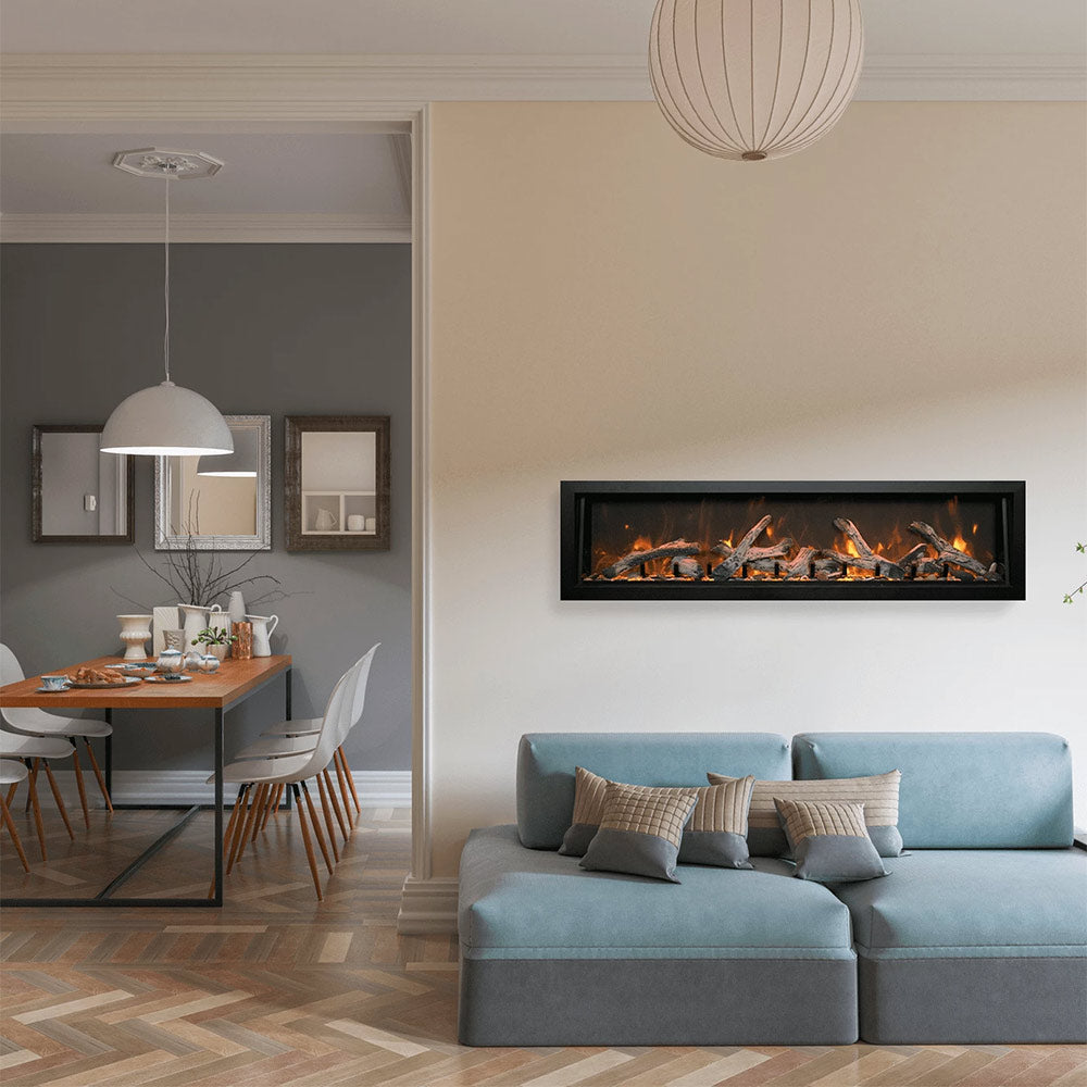 Wall-mounted electric fireplace with orange flames and a log set behind a black glass panel.