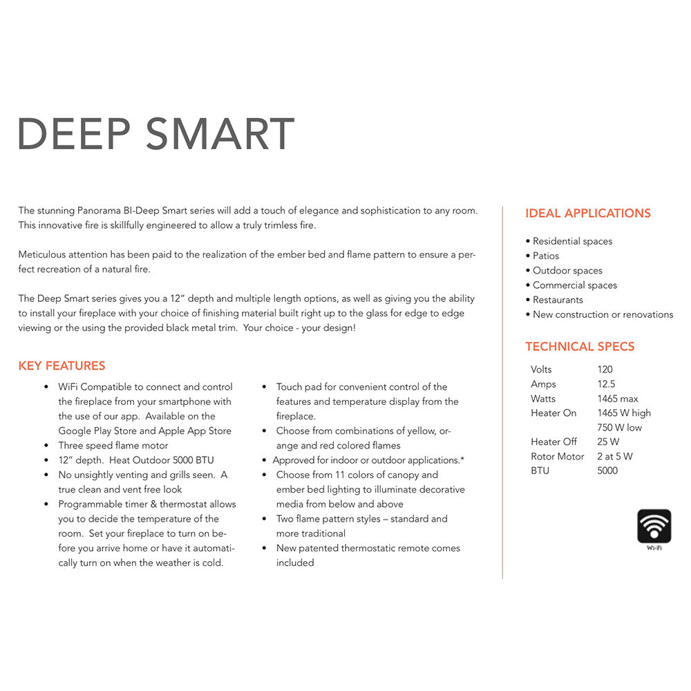 Electric fireplace smart features brochure page with key feature and settings sections.