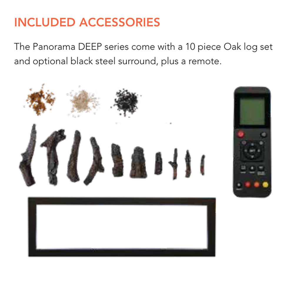 Electric fireplace included accessories layout showing oak log set and remote control.