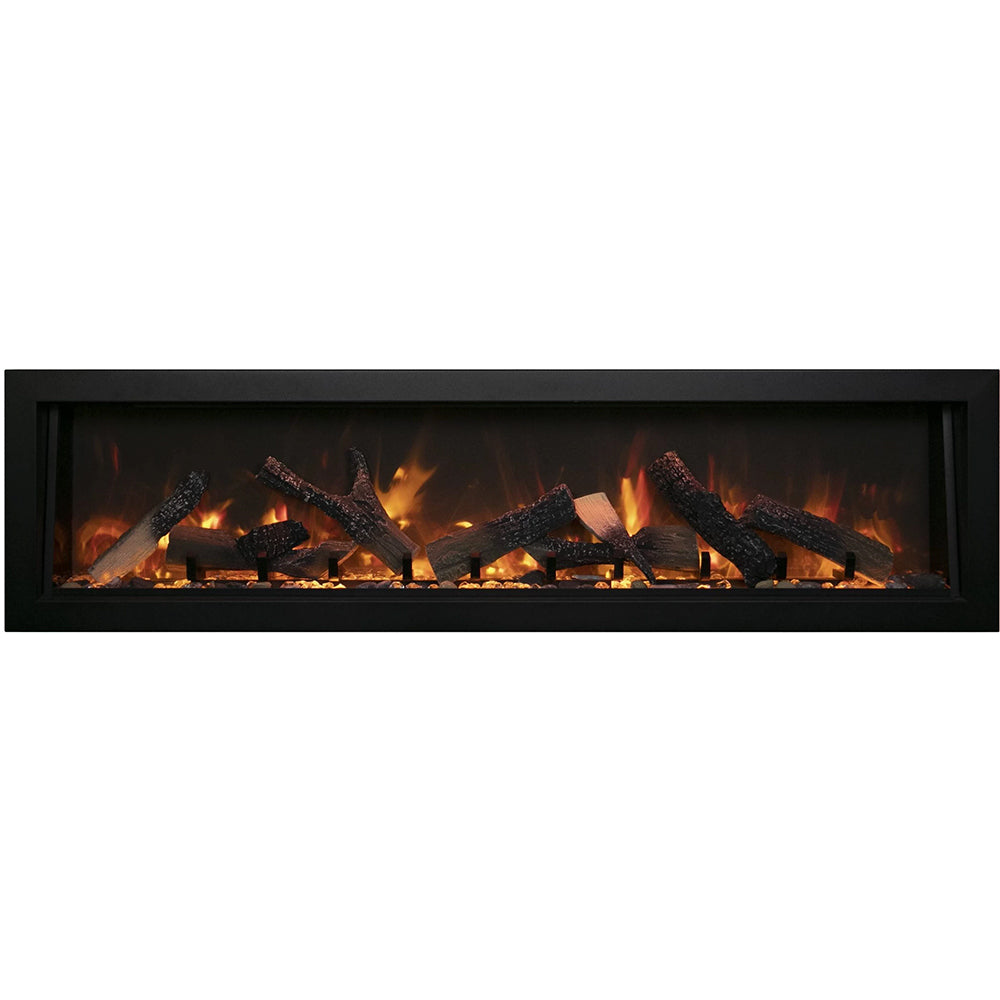Built-in smart electric fireplace with dark frame and glowing flame logs