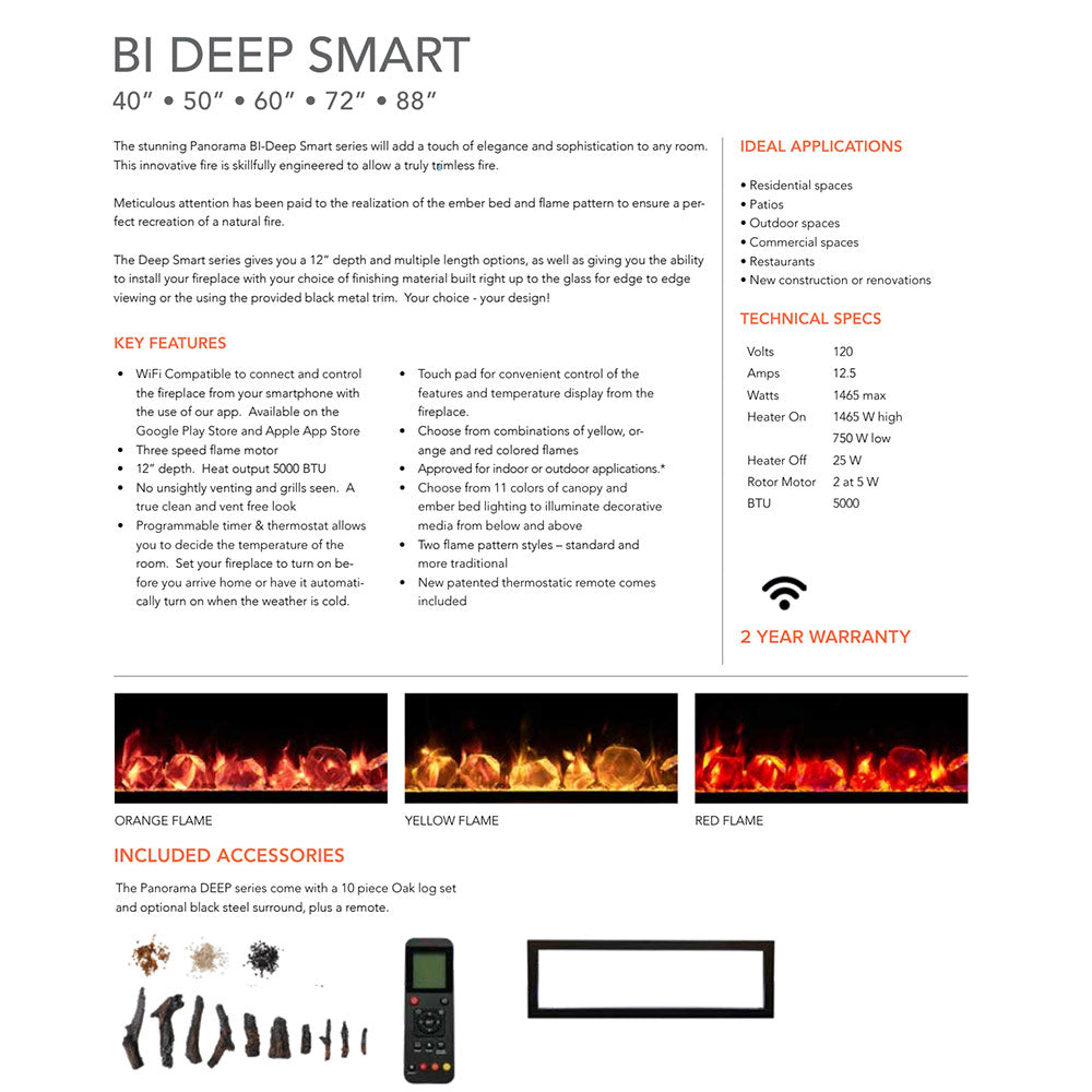 Smart electric fireplace feature sheet with flame color options and included accessories