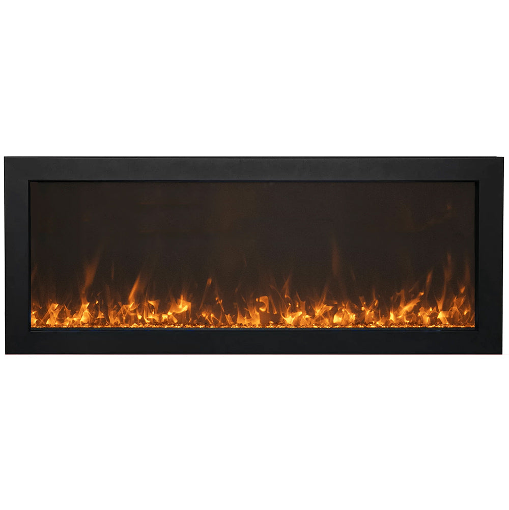 Black slim built-in electric fireplace with bright flame effect in a glass viewing window