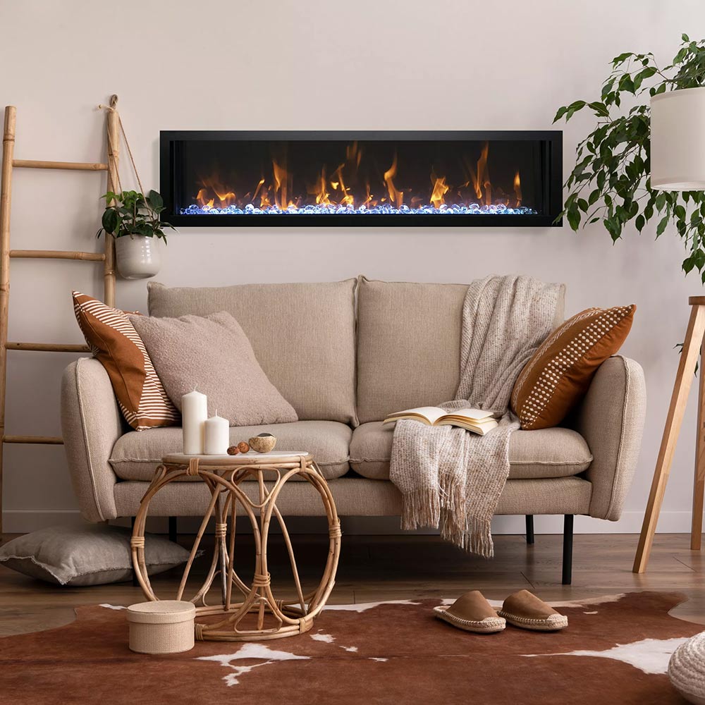 Slim built-in electric fireplace with flame effect, set in a black wall frame