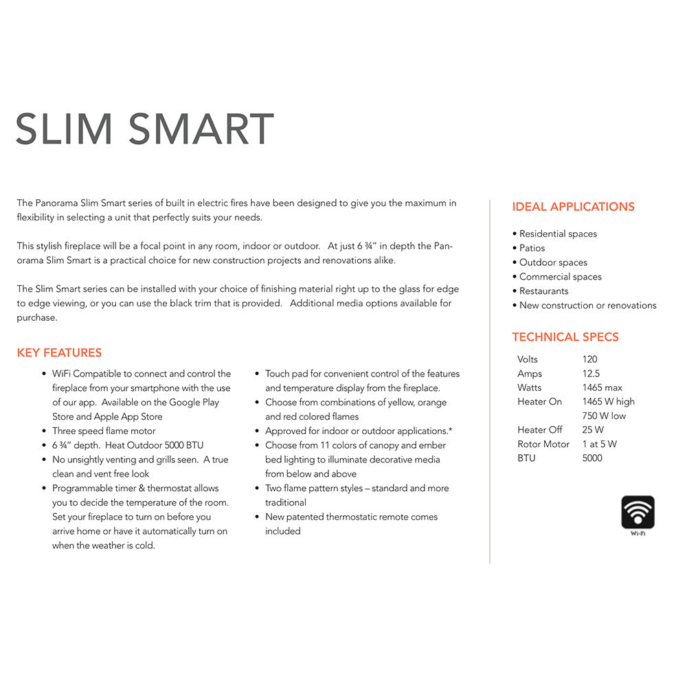 Brochure page for slim smart electric fireplace features, deal applications, and specs