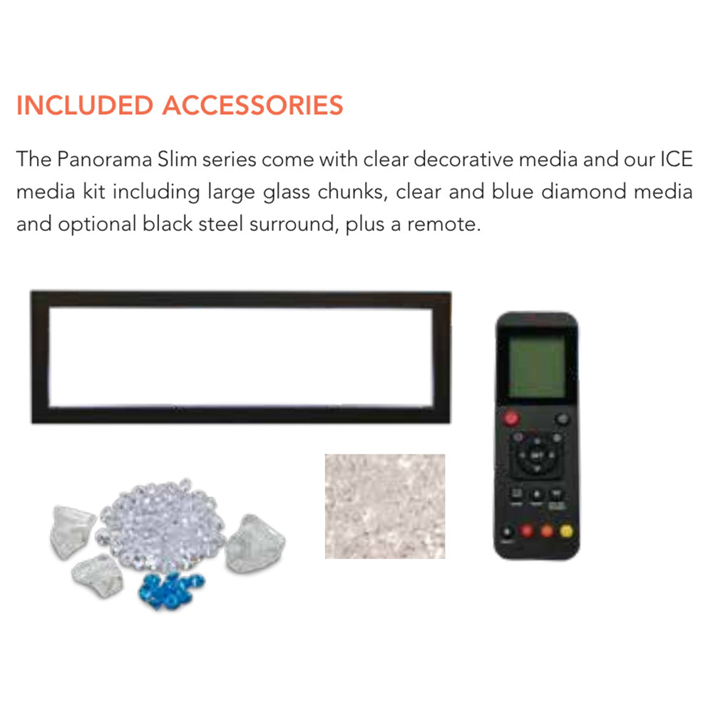 Included accessories diagram for slim smart electric fireplace, with remote and media pieces