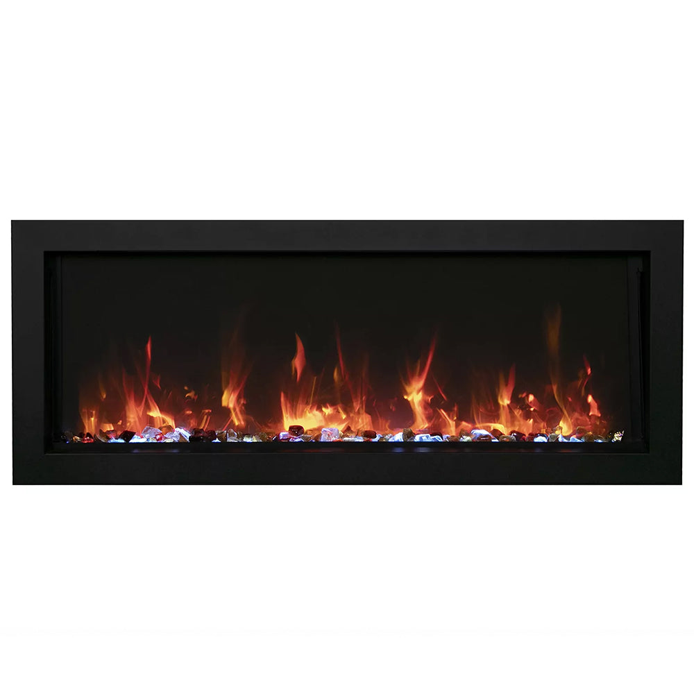 Slim built-in electric fireplace with black frame and glowing flame display