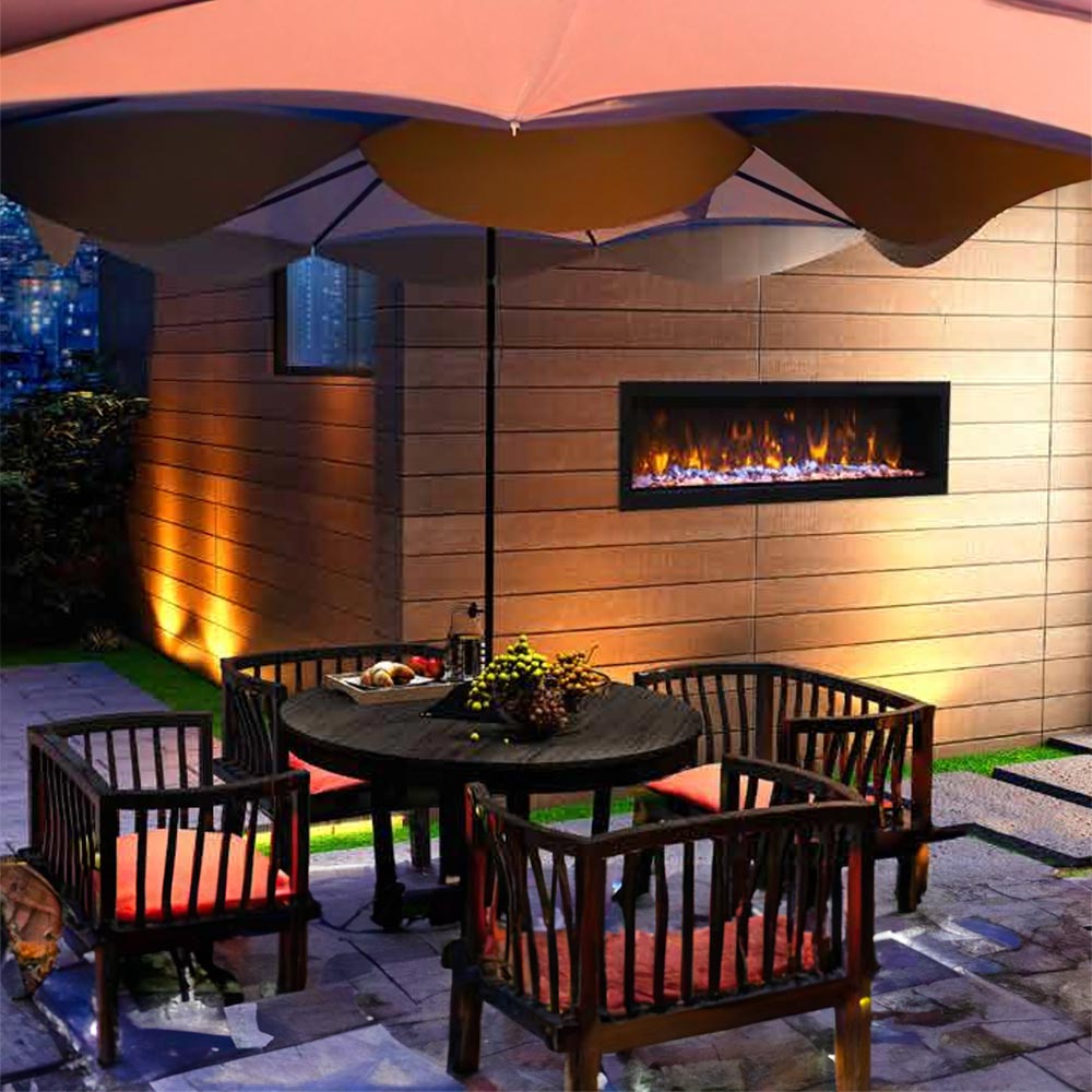 Outdoor built-in slim electric fireplace with black trim and active flame window